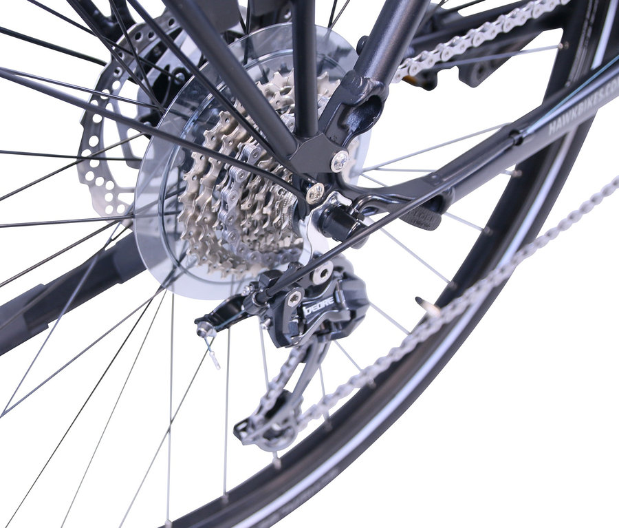 Detailansicht des Hinterrads eines HAWK Bikes E-Bike Herren "eTrekking Integrated Gent STEPS".