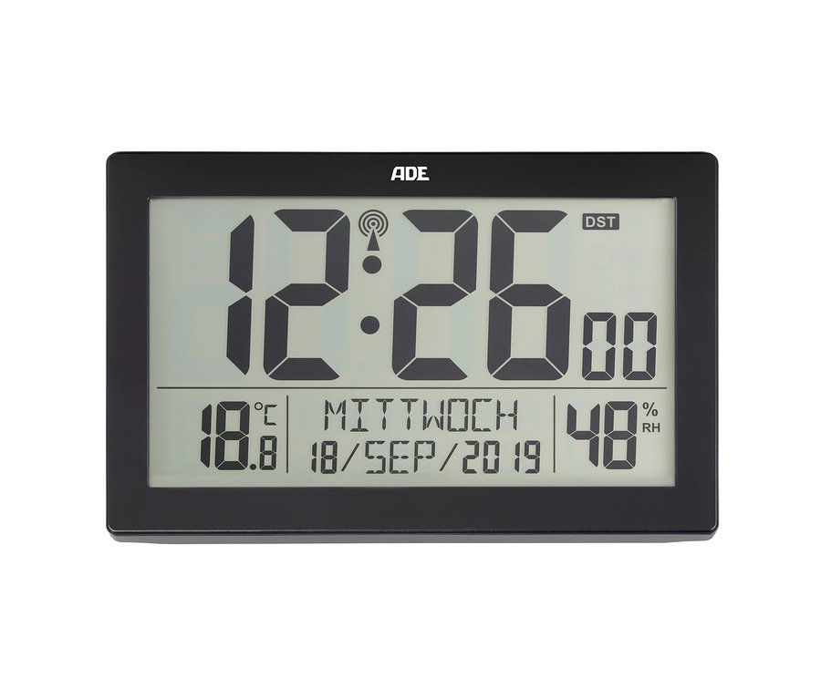 Eine schwarze ADE XL-Funkuhr mit Thermometer und Hygrometer zeigt die Uhrzeit 12:26, 18,8 Grad Celsius und 48% Luftfeuchtigkeit an.