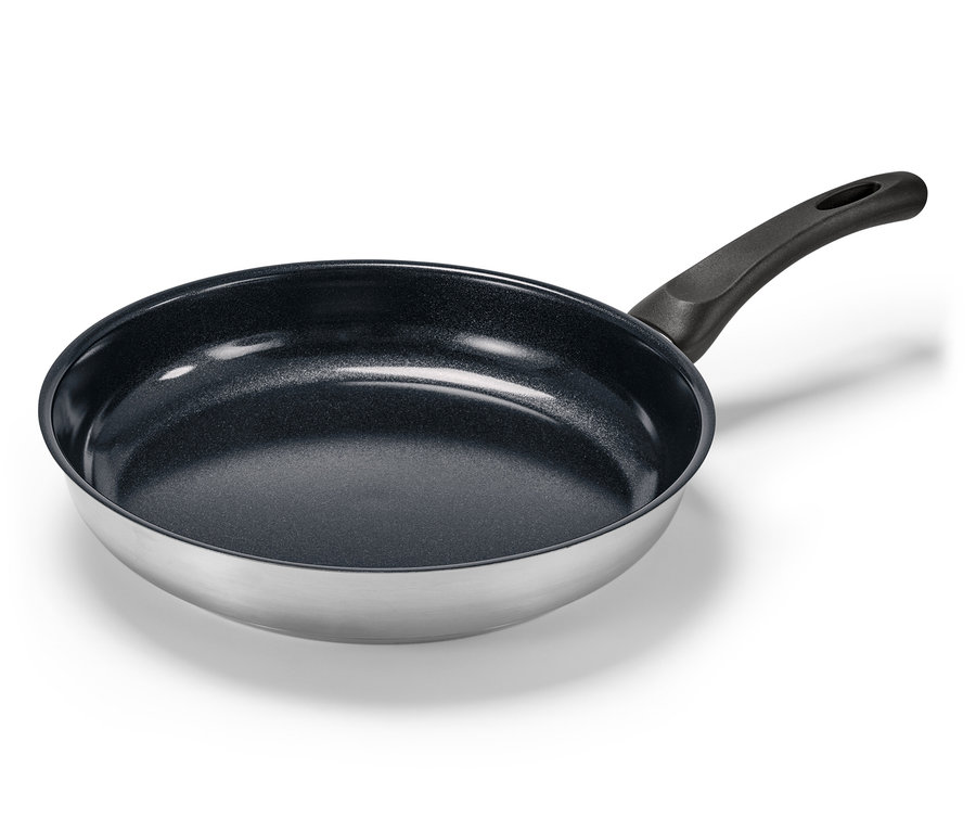 Eine Edelstahl-Pfanne mit Keramikbeschichtung, Durchmesser ca. 28 cm.
