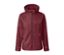 Weinrote Regenjacke mit Kapuze.