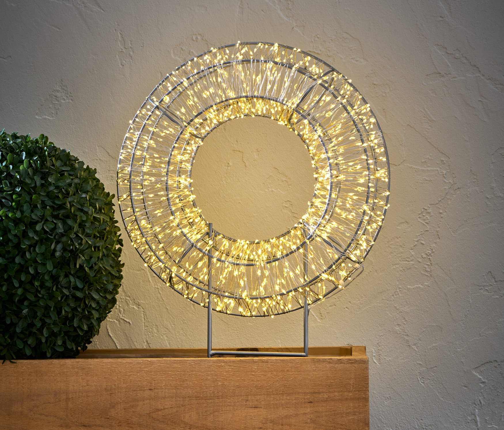 Ein LED-Ring steht auf einem Holzregal neben zwei grünen Büschen.