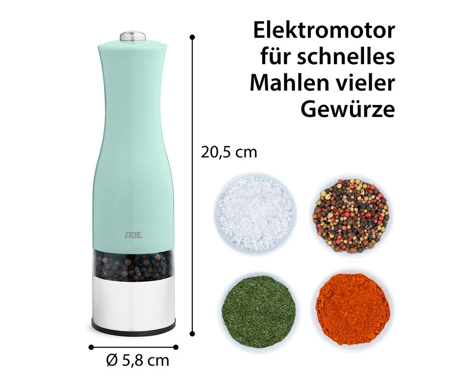 Mintfarbene ADE Elektrische Salz- und Pfeffermühle mit Beleuchtung neben vier Schalen mit Gewürzen.
