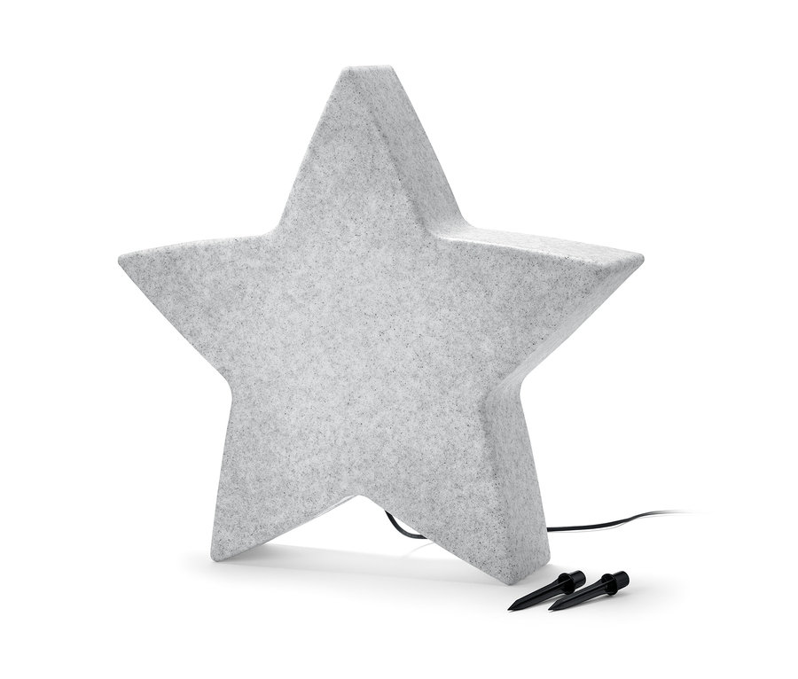 Graue Smart-Outdoorleuchte »Stern«, L, mit schwarzem Kabel und zwei Heringen.