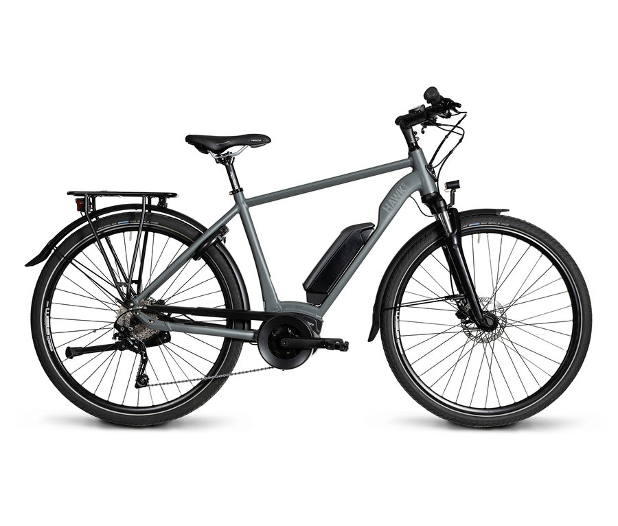 Ein graues HAWK E-TREKKING 500 GENT 53/57 E-Bike steht vor einem weißen Hintergrund.