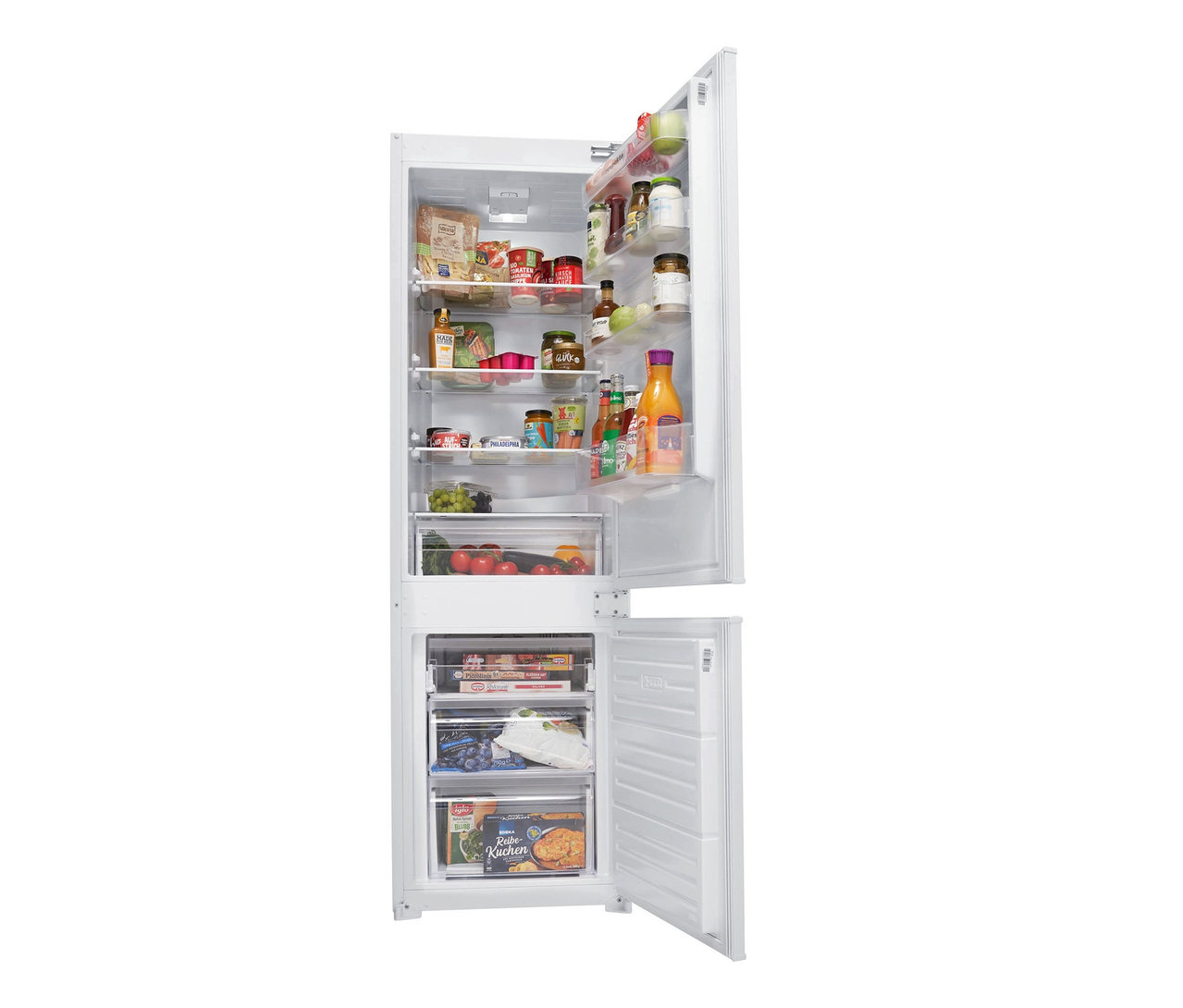 Geöffneter Respekta Kühl-Gefrierkombination »GKE178N«, E (von A bis G) gefüllt mit Lebensmitteln.