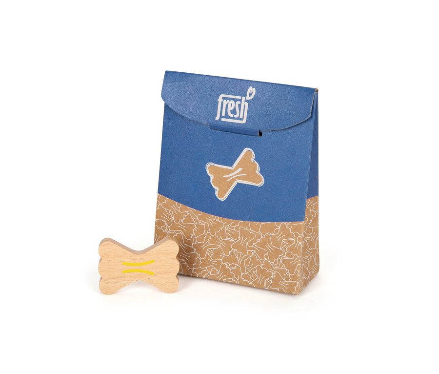 Eine Packung small foot Gemüse- und Nudel-Set »fresh« und ein Knochen aus Holz.