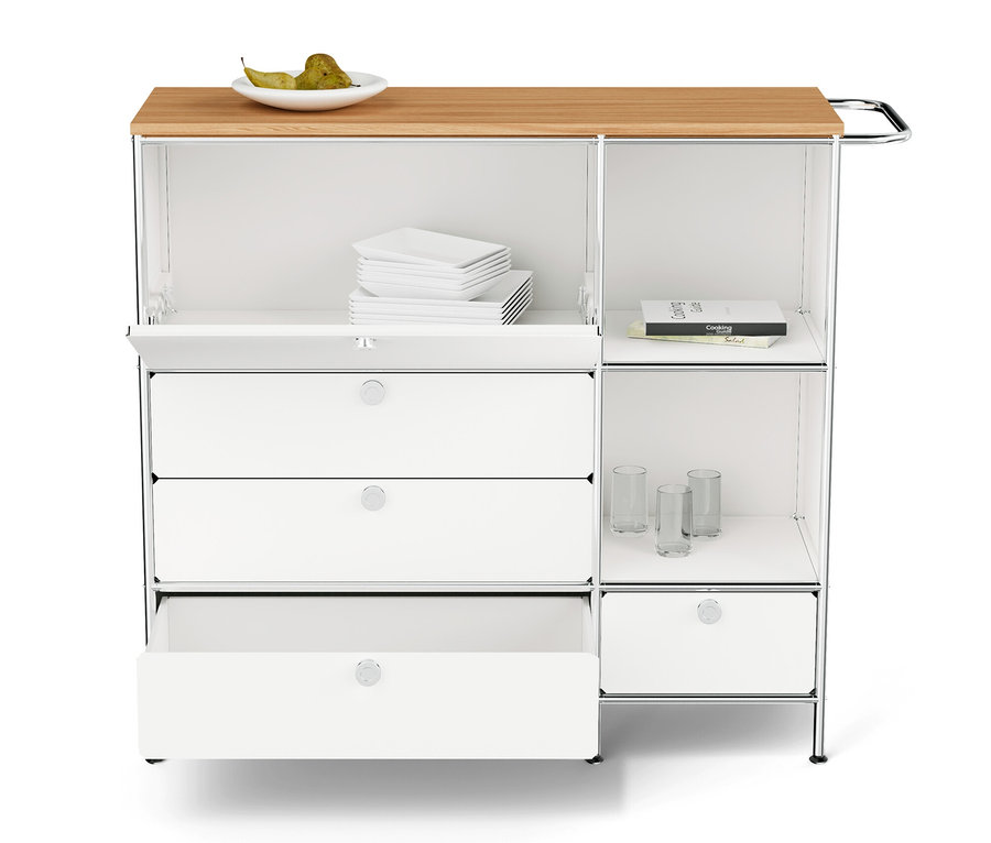 Weißes Sideboard Metall »CN3« mit Holzplatte, 1 Klappenfach, 4 Schubladen und Regalfächern.