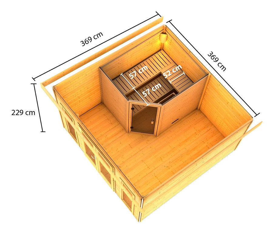 Draufsicht eines unvollständigen Karibu Saunahauses »Anne« aus Holz mit Maßangaben.