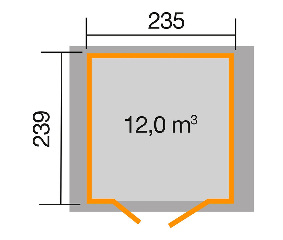 Draufsicht des Weka Gerätehauses mit Fenster, 21 mm (224 A Gr. 2), naturfarben, mit den Maßen 235 x 239 und 12,0 m³.