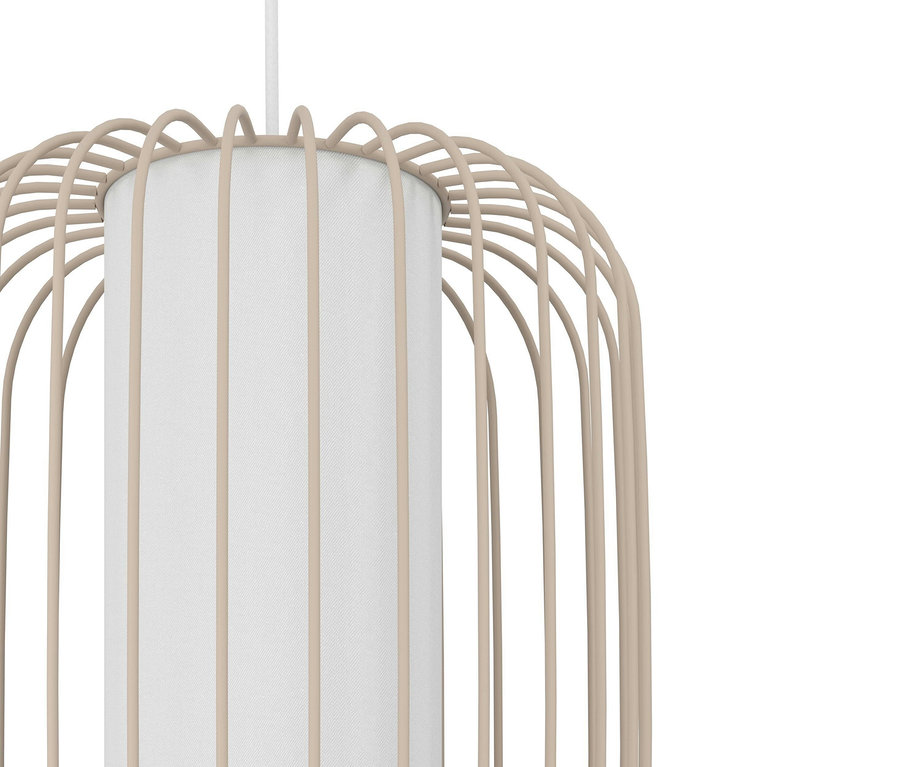 Detail einer weißen Stofflampe mit beigem Metallrahmen.