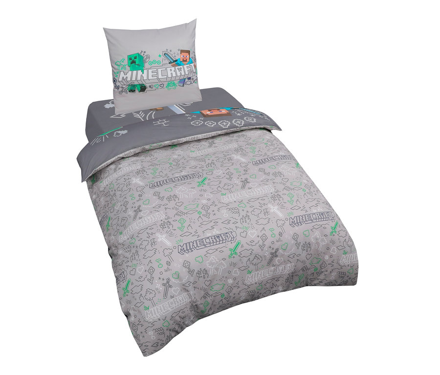 Graue MINECRAFT Wendebettwäsche mit Videospiel-Motiv.