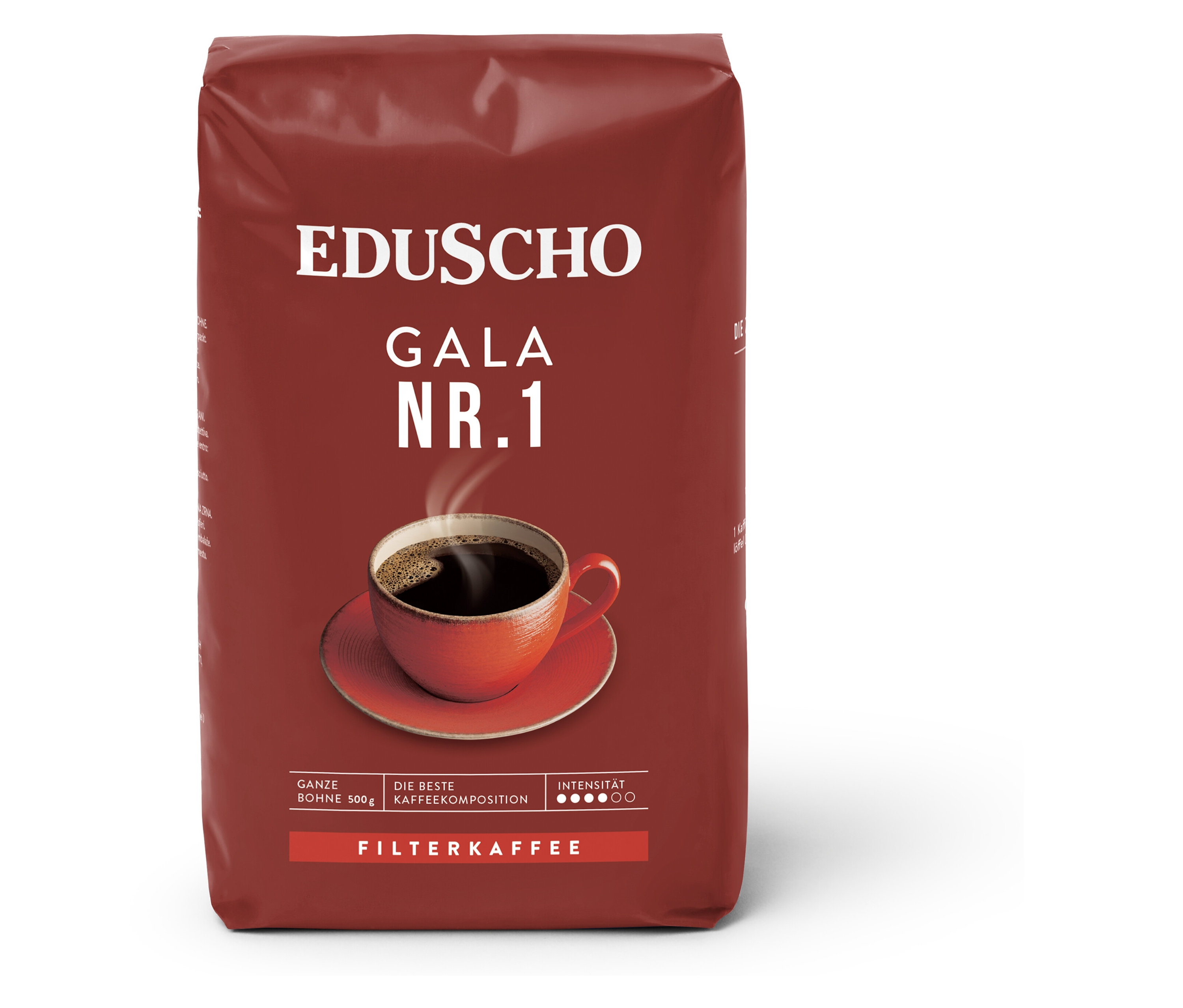 Eine Packung Eduscho Gala Nr. 1 Filterkaffee. Auf der Packung ist eine Tasse Kaffee abgebildet.