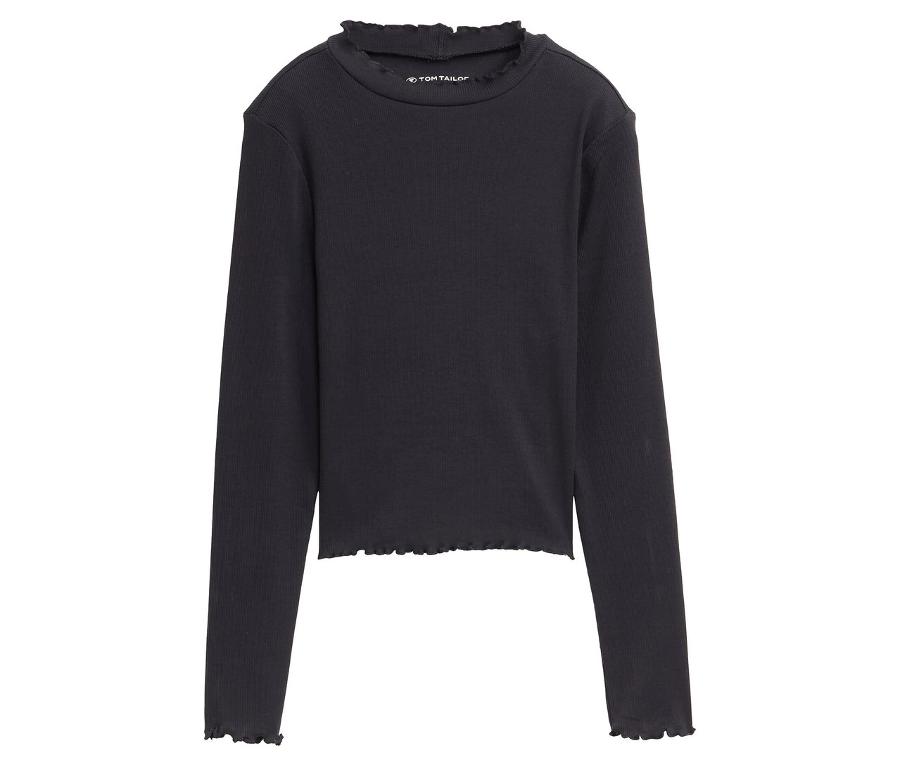 Schwarzes Langarmshirt mit Rüschenbesatz.