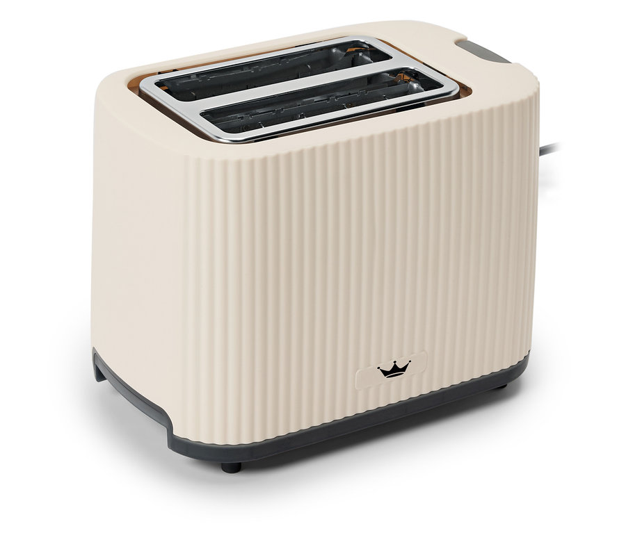 Ein beiger Toaster mit zwei Schlitzen auf einem weißen Hintergrund.