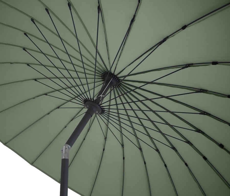 Ansicht von unten auf einen grünen Leco Shanghai Sonnenschirm mit einem Durchmesser von 270 cm.
