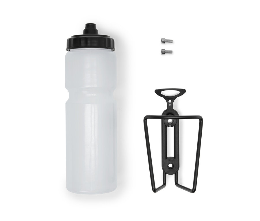 Fahrrad-Flaschenhalterung inkl. Flasche und zwei Schrauben.