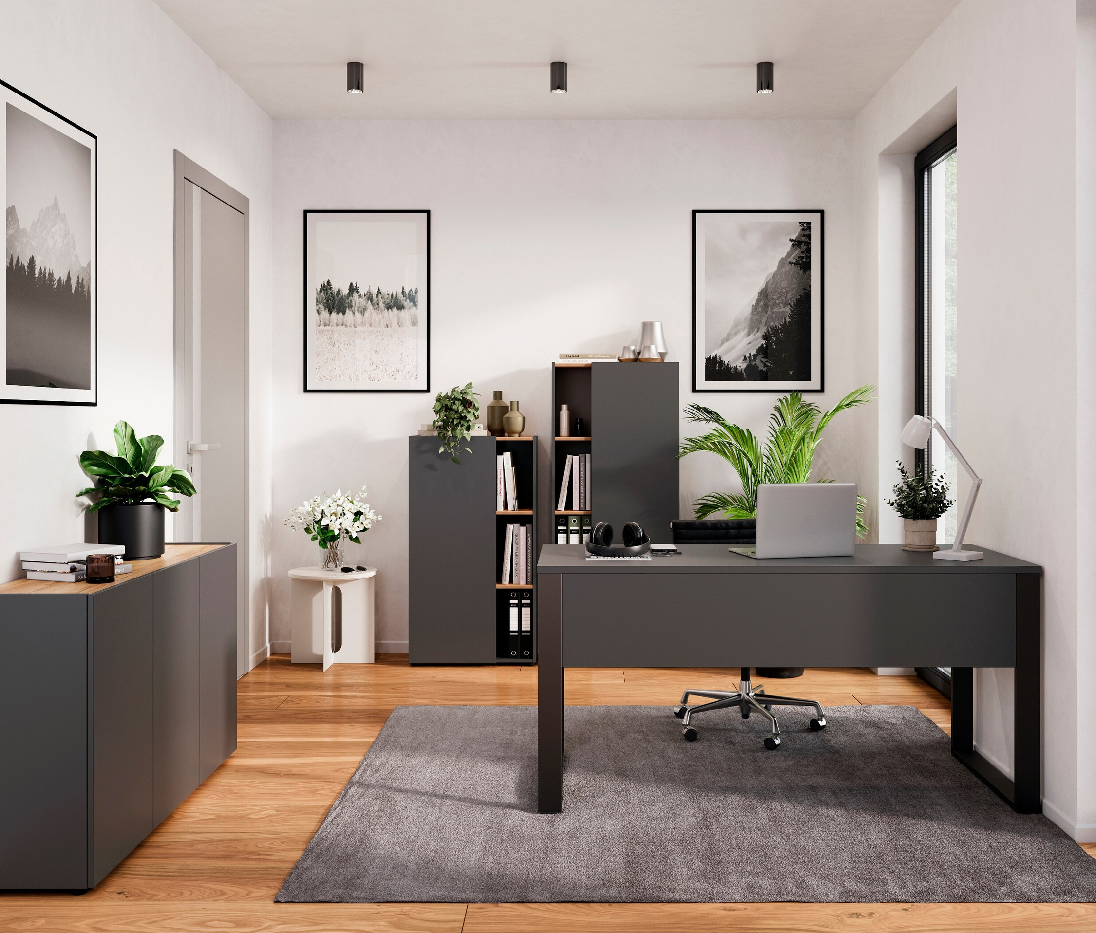 Innenraum mit Schreibtisch, Laptop, Kopfhörern, Lampe und Pflanzen. Im Hintergrund ein kleiner graphit-eichenfarbener Aktenschrank »GW-Adrano« und ein Sideboard »Adrano«.