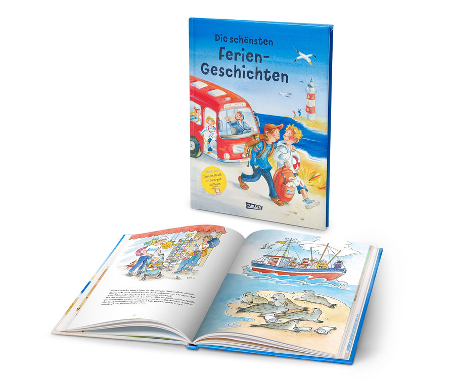 Illustration eines Buches mit dem Titel "Die schönsten Feriengeschichten".