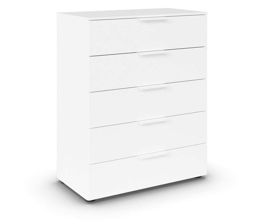 Eine weiße Kommode mit fünf Schubladen.