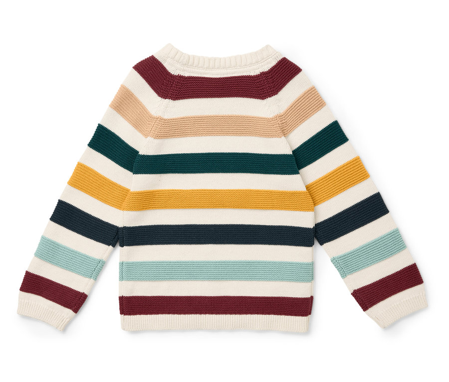 Gestreifter Pullover mit langen Ärmeln in den Farben: Burgunderrot, Beige, Dunkelgrün, Gelb, Dunkelblau, Türkis und Creme.