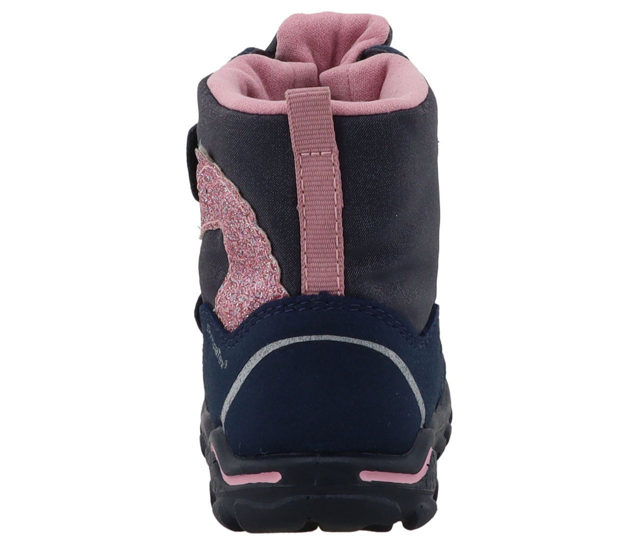 Detail der Rückseite eines marineblauen LURCHI »Kalea-SYMPATEX« Stiefels mit pinkfarbenen Akzenten.