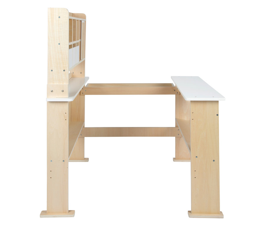 Seitenansicht eines hölzernen Kindertisches mit weißer Arbeitsplatte und Stauraum oben.