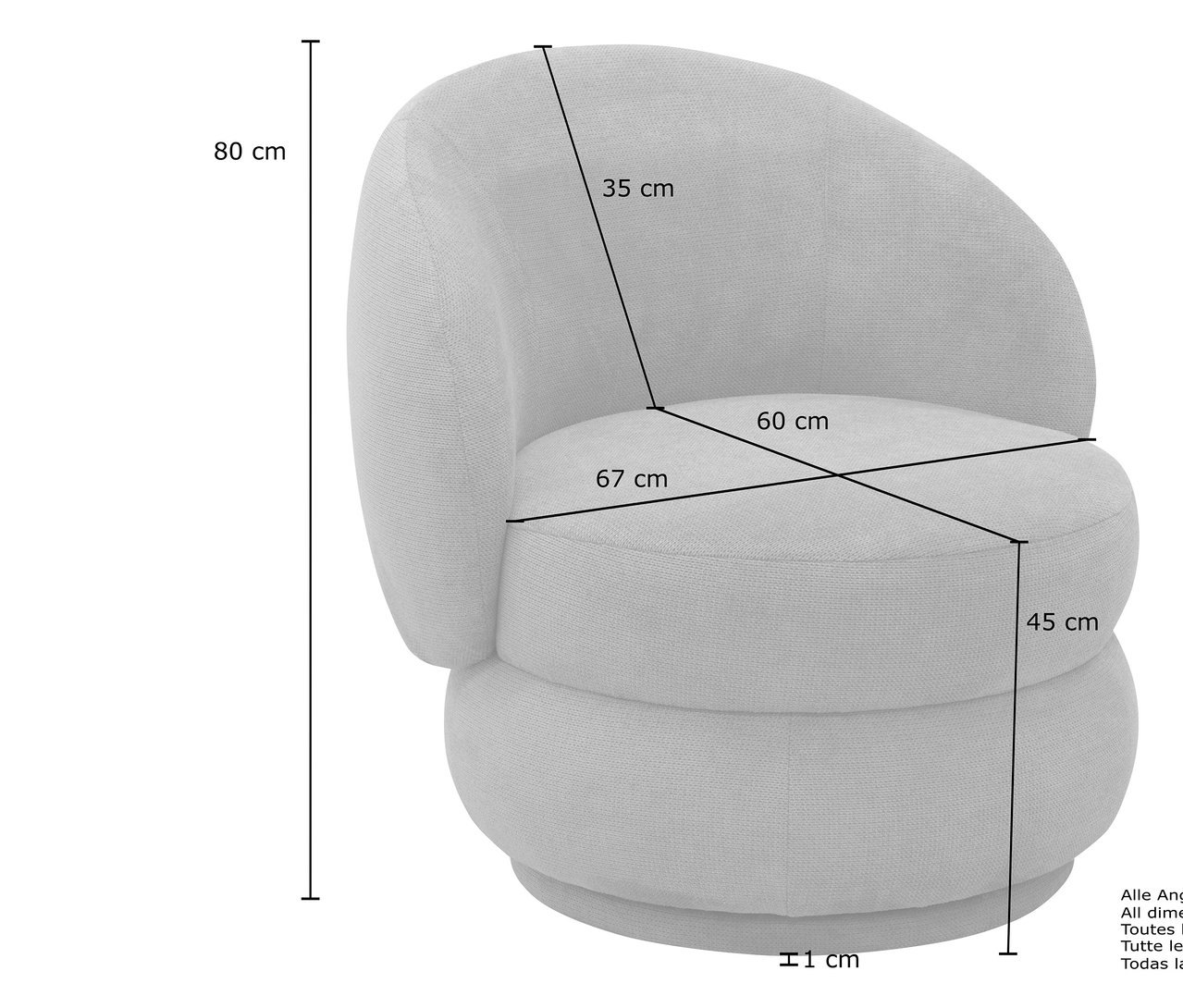 Abmessungen des cremefarbenen DOMO Sessels mit Drehfunktion sind dargestellt.