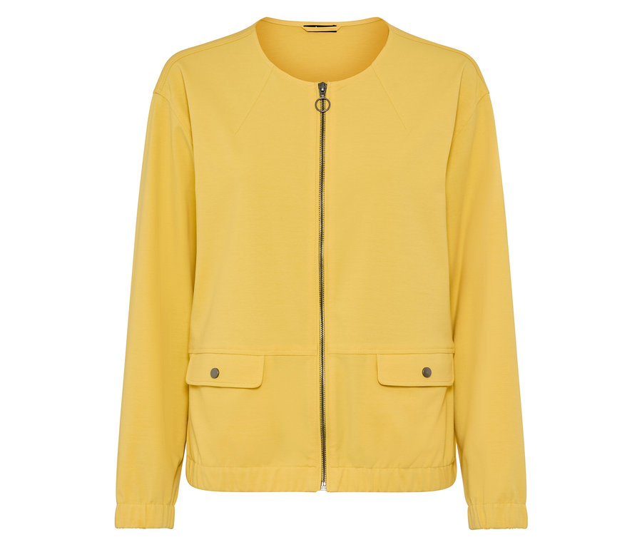 Gelbe Jacke mit Reißverschluss und zwei Taschen.