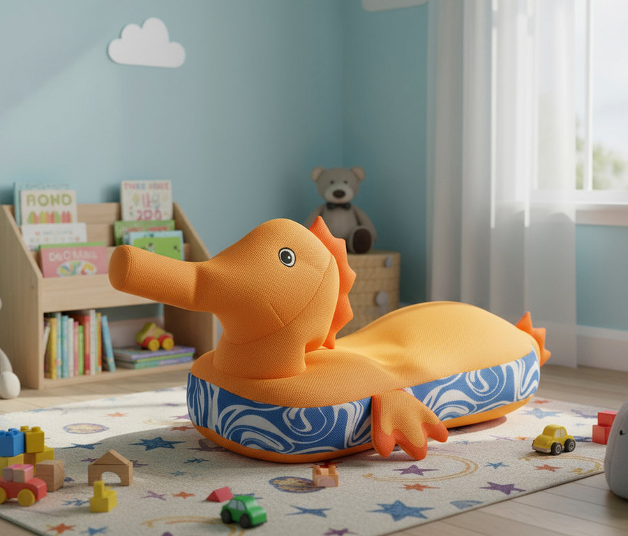 Orangefarbenes Stoff-Seepferdchen-Sitzkissen auf einem Teppich mit Spielzeugautos und Bauklötzen.