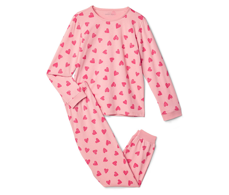 Rosa Pyjama mit Herzmuster, bestehend aus Oberteil und Hose.