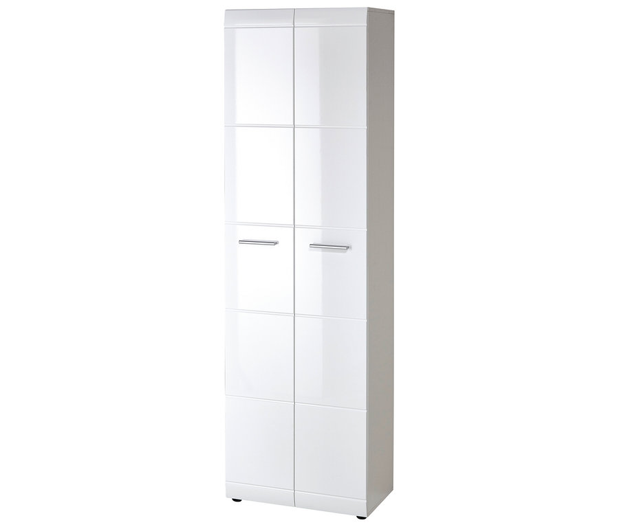 Weißer, schmaler Garderobenschrank »ADANA« mit vier Türen und silbernen Griffen.