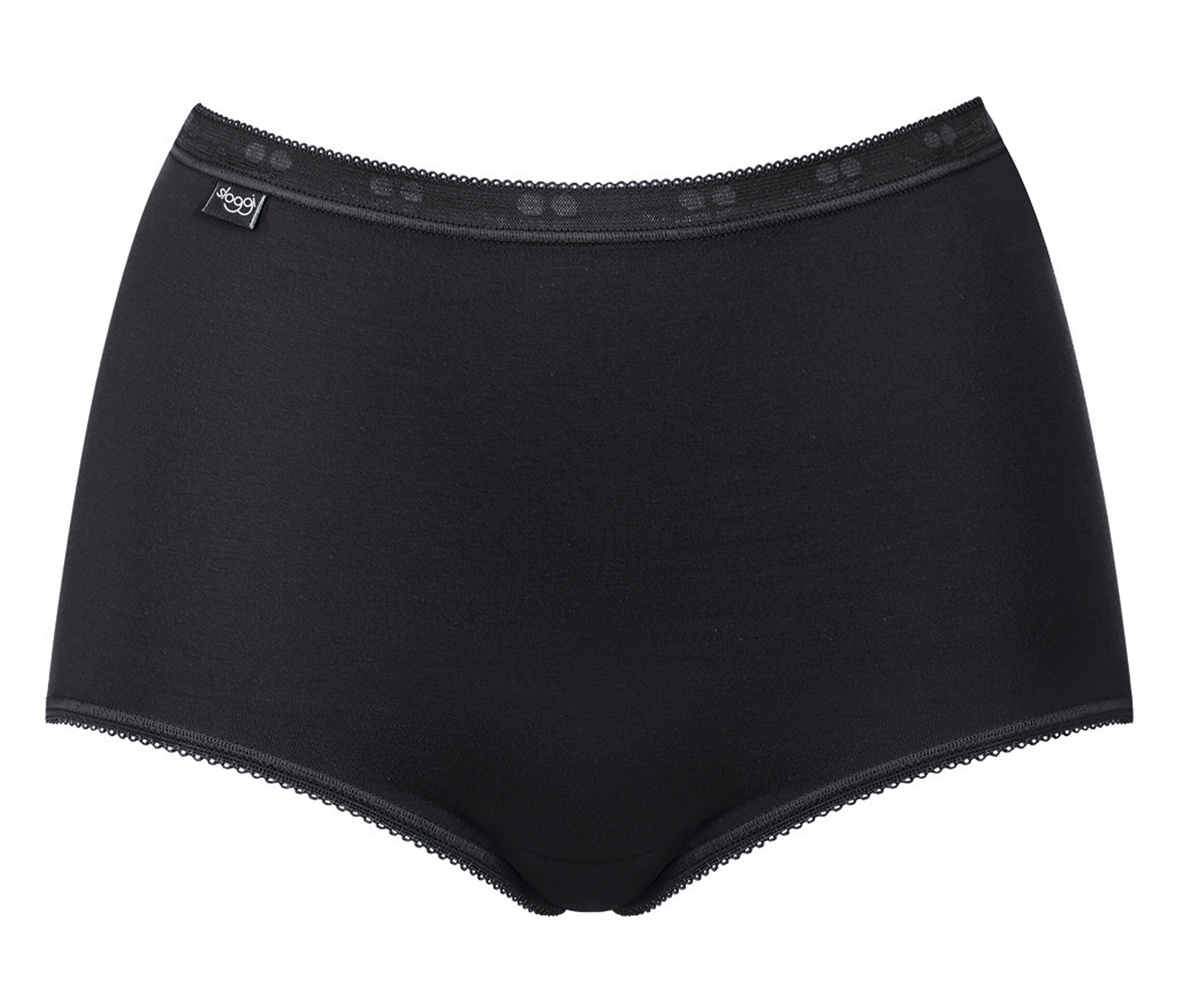 Schwarzer Damenslip mit Spitzenbesatz auf weißem Hintergrund.