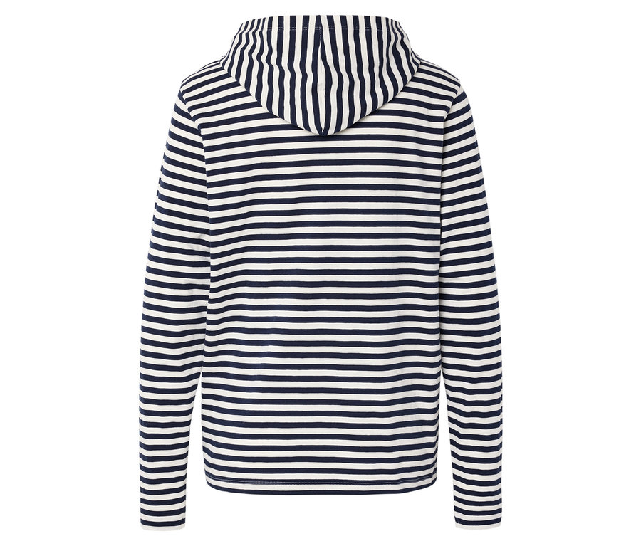 Rückansicht eines langärmeligen Kapuzenpullovers mit horizontalen dunkelblauen und weißen Streifen.