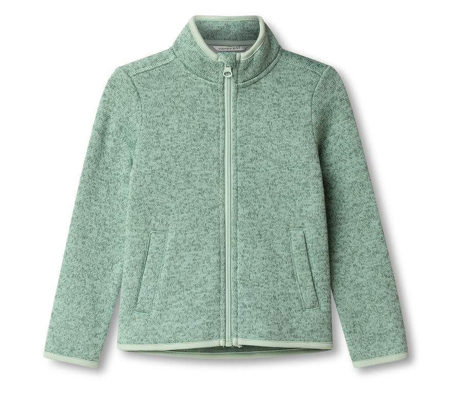 Eine hellgrüne Fleecejacke mit Reißverschluss liegt auf einem weißen Hintergrund.