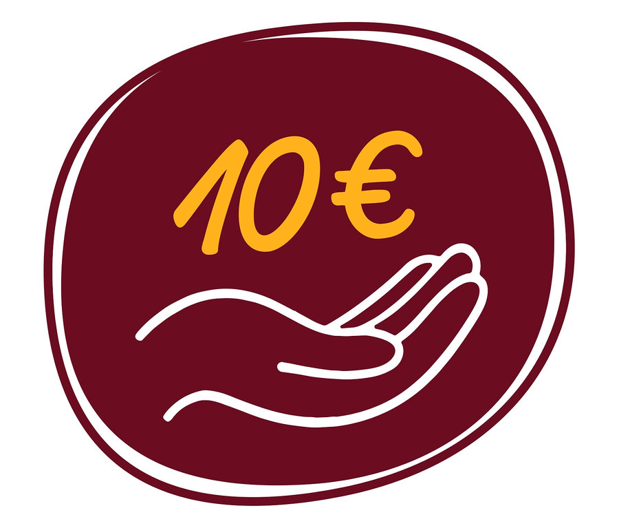 Symbol mit einer Hand, die etwas hält, und der Zahl 10€.
