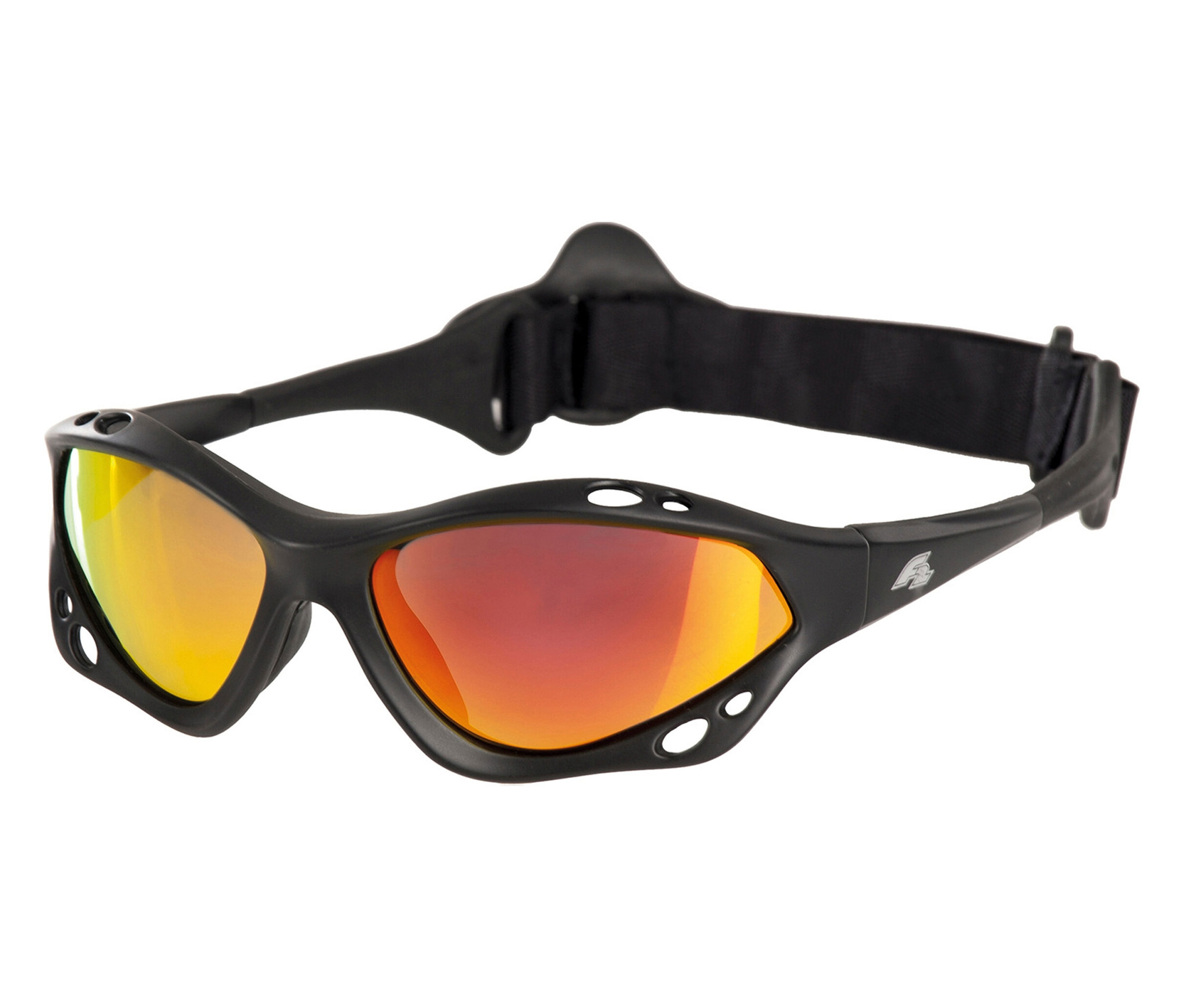 Nahaufnahme der F2 Wassersport-Sonnenbrille mit schwarzem Rahmen und orangefarbenen Gläsern vor einem weißen Hintergrund.