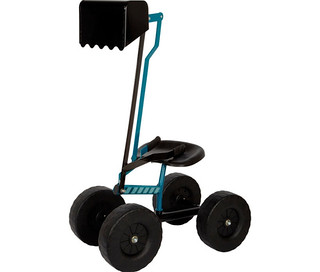 Ein small foot Bagger mit Rädern, der ein türkises und schwarzes Gestell, einen schwarzen Sitz und vier große schwarze Räder hat. Er verfügt über eine schwarze Baggerschaufel mit gewelltem Rand, die mit einem schwarzen Hebel und einem türkisen Griff bedient wird.