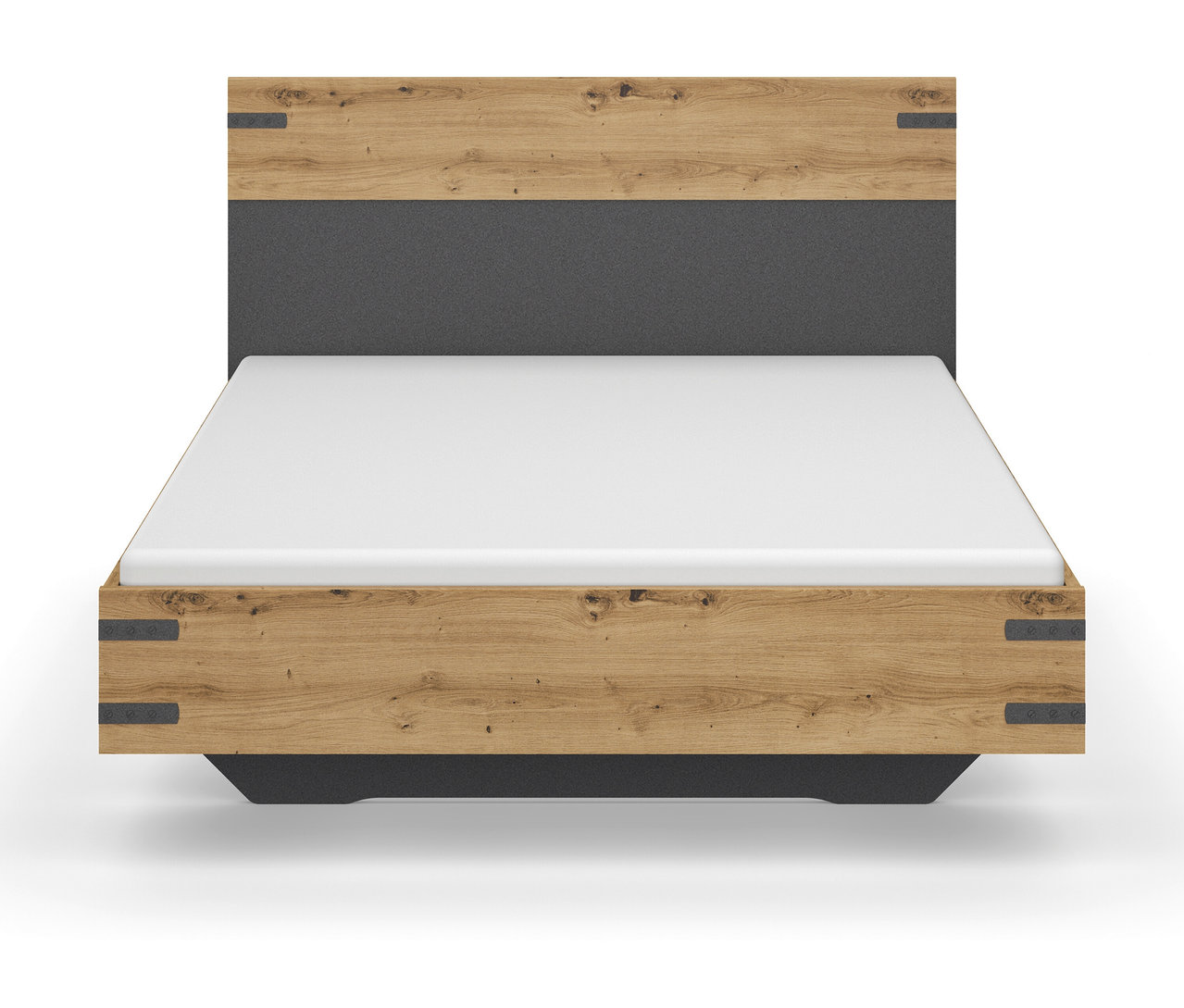 Ein rauch Bett »Butte«, 140 x 200 cm ist mit einer weißen Matratze und einem grauen Kopfteil zu sehen.