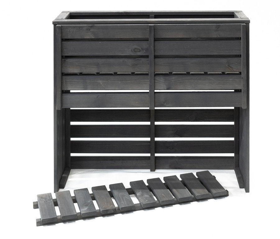 Ein ca. 100 x 88 x 30 cm grosses, dunkelgraues Hochbeet vor einem weissen Hintergrund.