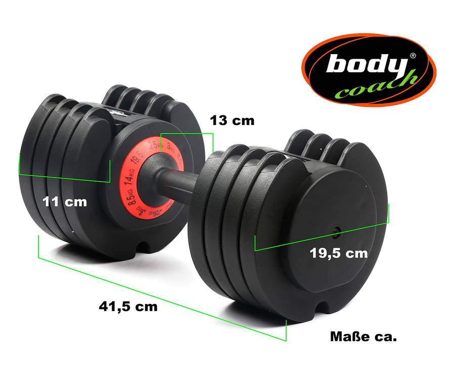 Zwei schwarze, verstellbare Body Coach Hanteln mit Größenangaben.