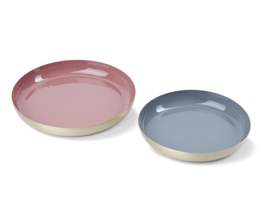 Zwei Deko-Tabletts in Rosa und Blau.