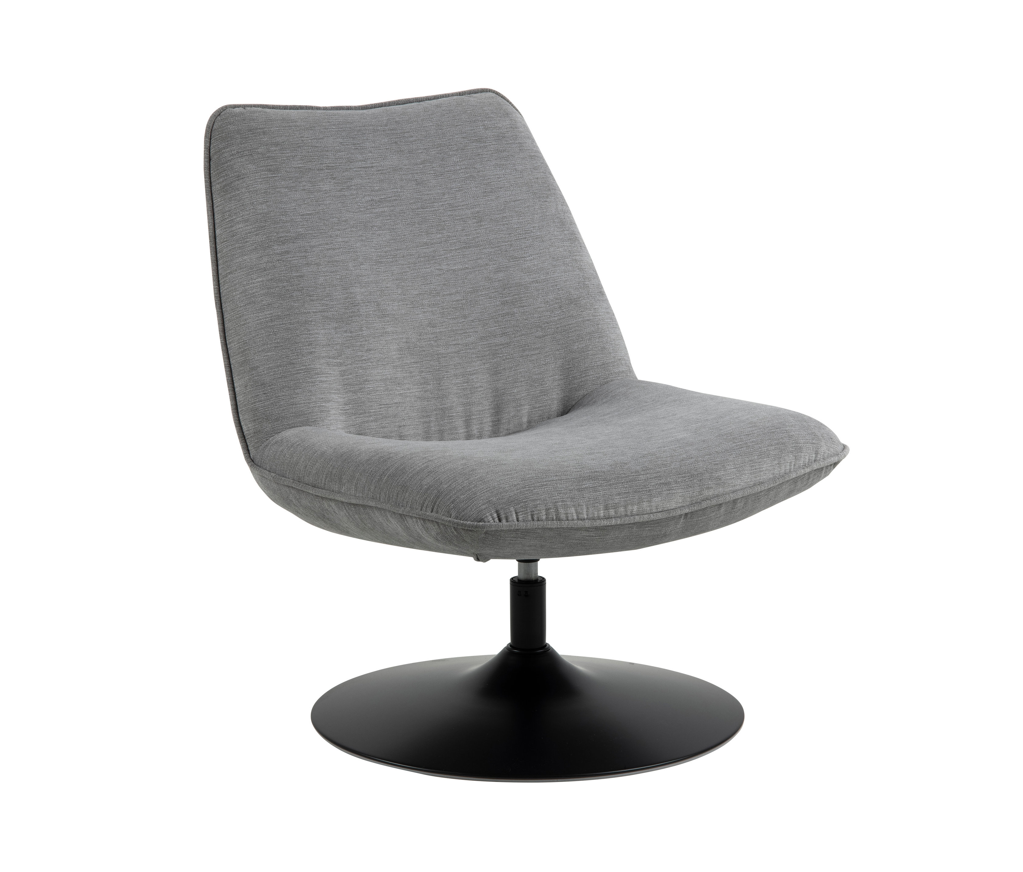Grauer Drehsessel mit schwarzem Fuß.