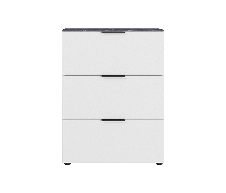 Detailaufnahme einer weißen Kommode »CALIFORNIA« mit Schubladen und schwarzen Griffen.