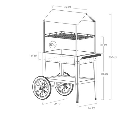 Eine Skizze der Kräuterfabrik »Urban Expert« in Schwarz mit Maßangaben.