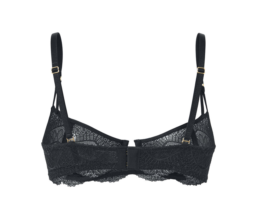 Detailansicht von hinten eines schwarzen Balconette-BHs mit Spitze.