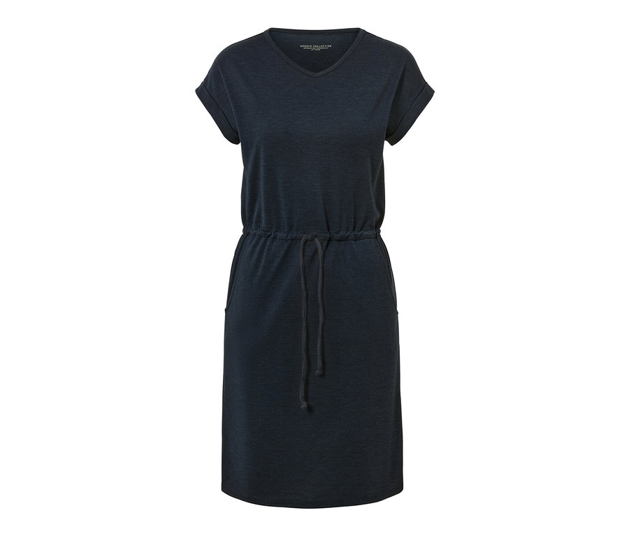 Dunkelblaues Outdoorkleid mit kurzen Ärmeln und Kordelzug in der Taille.