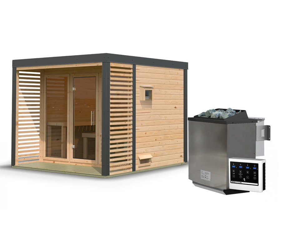 Karibu Hybrid-Saunahaus "Alice 3" mit Ofen und Holzeinrichtung.