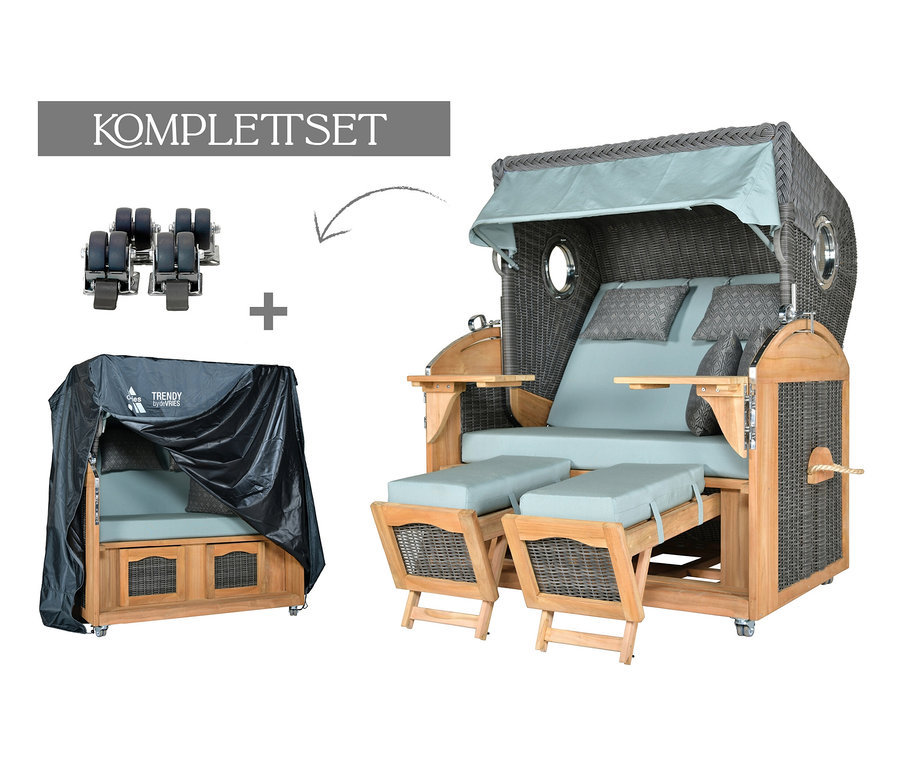 deVries Teak-Strandkorb, 2-Sitzer, Rollensatz und schwarze Abdeckung.