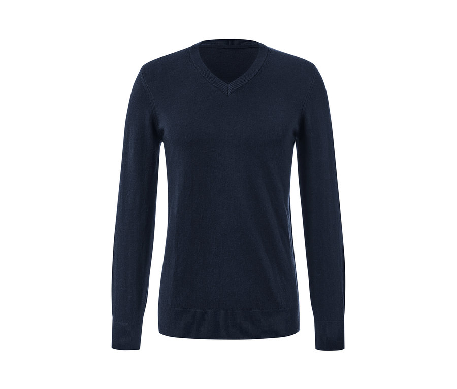 Navy Pullover mit V-Ausschnitt.