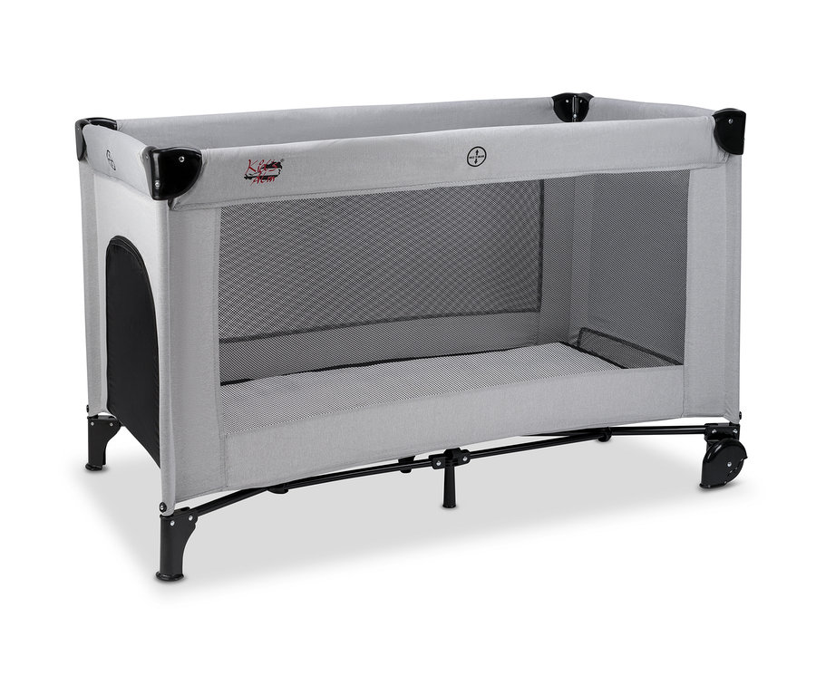 Graues Osann Kid's Alm Kinderreisebett »Fresh Air« mit schwarzen Details und Netzseiten.